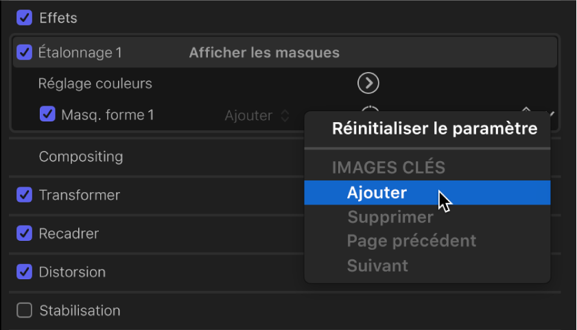 Menu local proposant les options d’ajout ou de suppression d’images clés