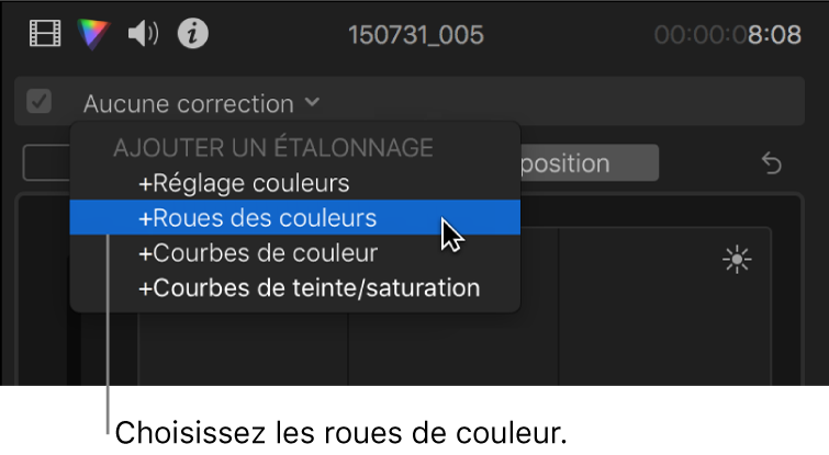 Roues des couleurs choisies dans la section Ajouter une correction du menu local situé en haut de l’inspecteur de couleur