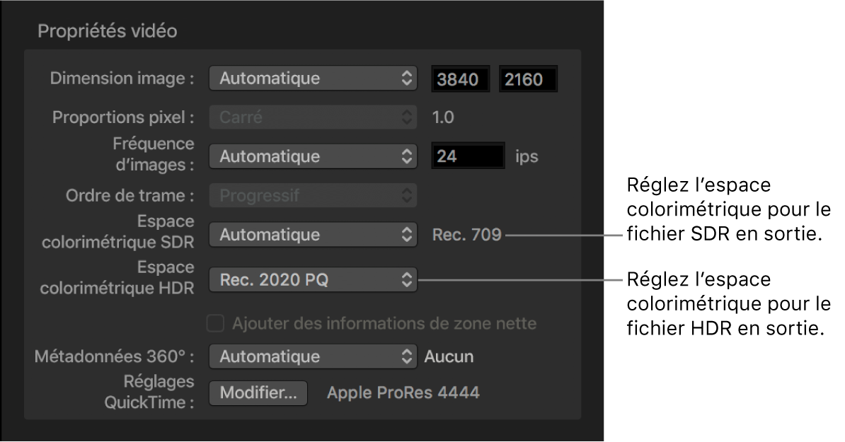 Vidéo propriétés dans l’inspecteur vidéo affichant le menu local de l’espace colorimétrique SDR et son homologue HDR, où vous pouvez définir l’espace colorimétrique des fichiers en sortie.