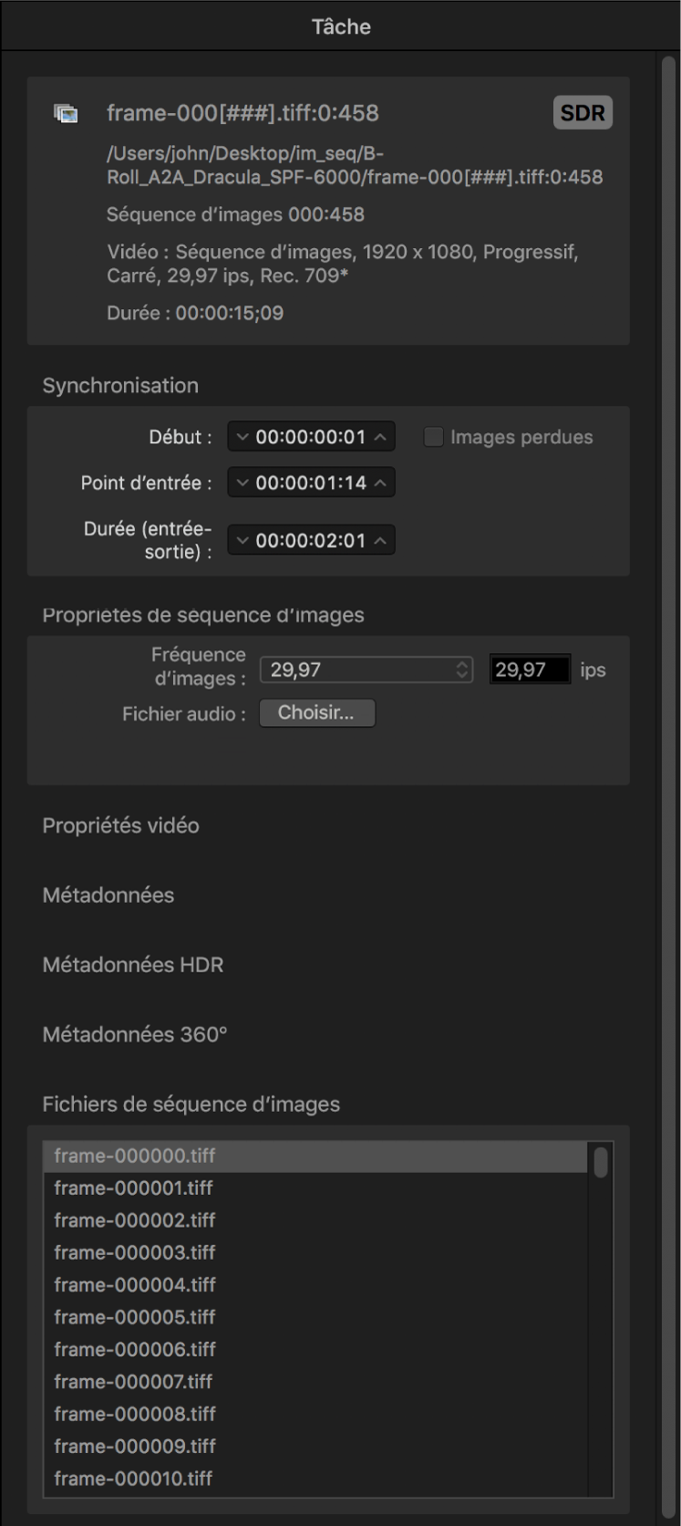 Inspecteur de tâche affichant les propriétés pour une séquence d’images