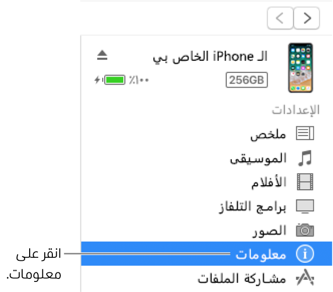 نافذة الجهاز، مع تحديد معلومات في الشريط الجانبي على اليمين.