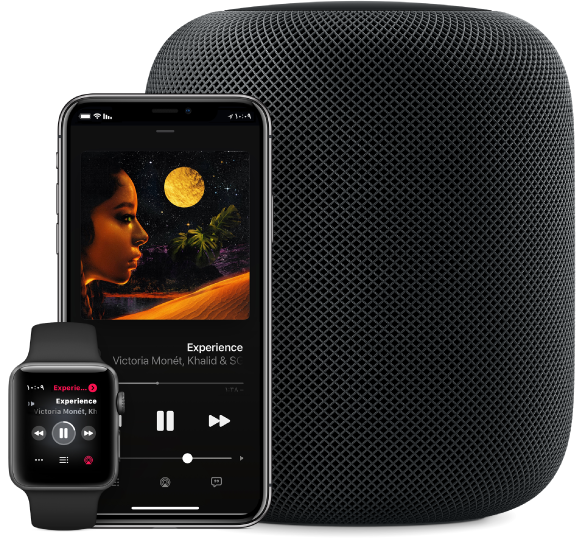 عرض لأغنية على Apple Music مشغلة على Apple Watch وiPhone وHomePod.