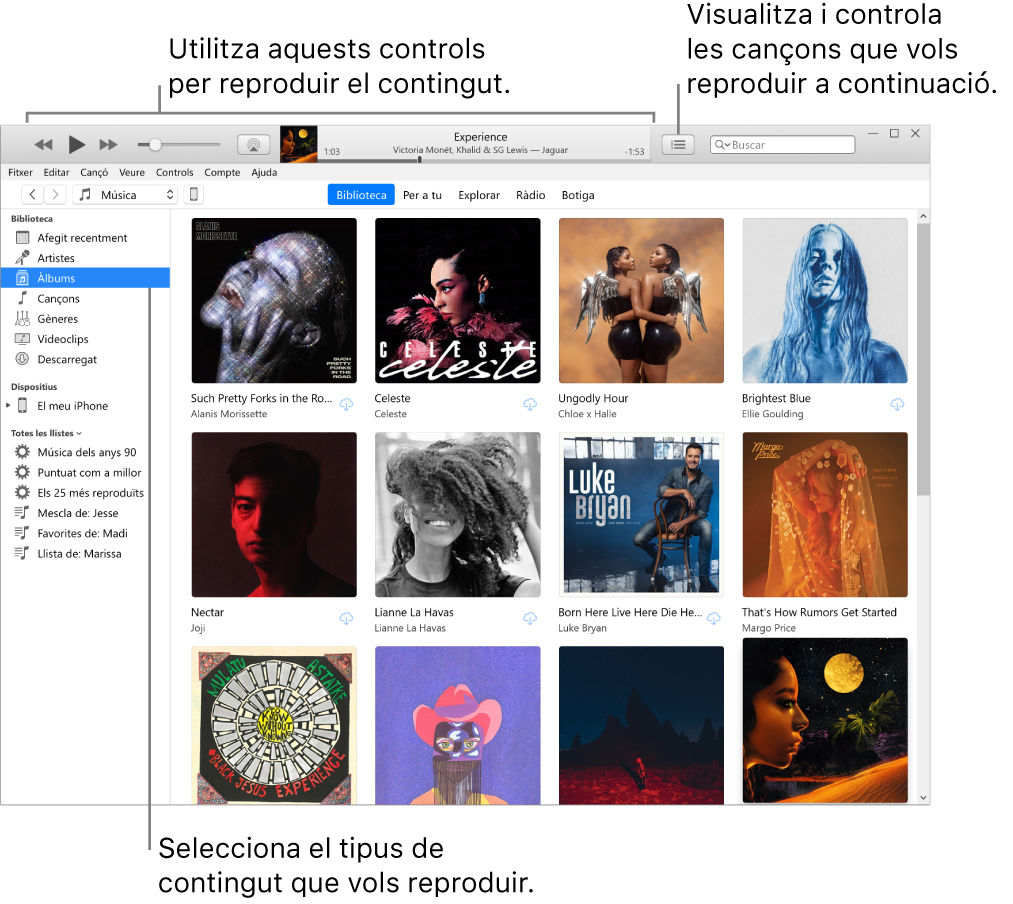 Finestra principal de la biblioteca de l’iTunes: Al navegador, selecciona el tipus de contingut que vols reproduir (com ara música). Utilitza els controls de la cinta que hi ha a la part superior per reproduir el contingut i fes servir el menú desplegable “A continuació” situat a la dreta per veure la biblioteca de diferents maneres.