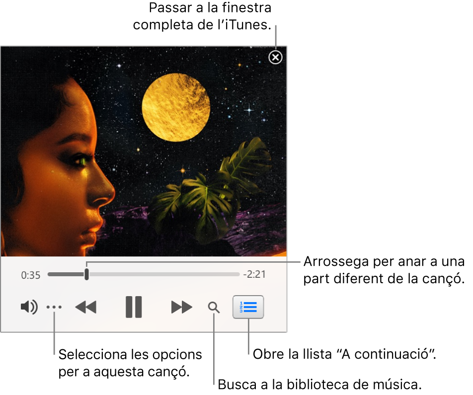 El minireproductor expandit amb els controls de la cançó que s’està reproduint. A la cantonada superior dreta hi ha el botó de tancar, que s’utilitza per canviar a la finestra completa de l’iTunes. A la part inferior de la finestra hi ha un regulador que pots arrossegar per anar a una part diferent de la cançó. A sota del regulador, a l’esquerra, hi ha el botó Més, on pots triar les opcions de visualització i altres opcions de la cançó que s’està reproduint. A l’extrem dret, a sota del regulador, hi ha dos botons; la lupa serveix per fer cerques a la biblioteca musical i “A continuació” per veure què es reproduirà després.