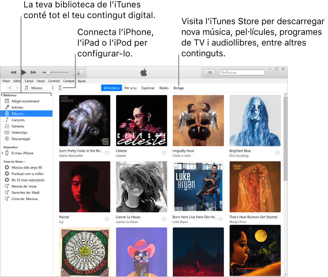 Visualització de la finestra de l’iTunes: La finestra de l’iTunes té dos taulers. A l’esquerra hi ha la barra lateral Biblioteca, on es troben tots els teus continguts digitals. A la dreta, a l’àrea de continguts més gran, es pot veure una selecció d’allò que t’interessa; per exemple, anar a la biblioteca o a la pàgina “Per a tu”, explorar música i vídeos nous a l’iTunes o visitar l’iTunes Store per descarregar música, pel·lícules, programes de TV, audiollibres, etc. A la part superior dreta de la barra lateral Biblioteca hi ha el botó Dispositiu, que mostra si has connectat l’iPhone, l’iPad o l’iPod al PC.