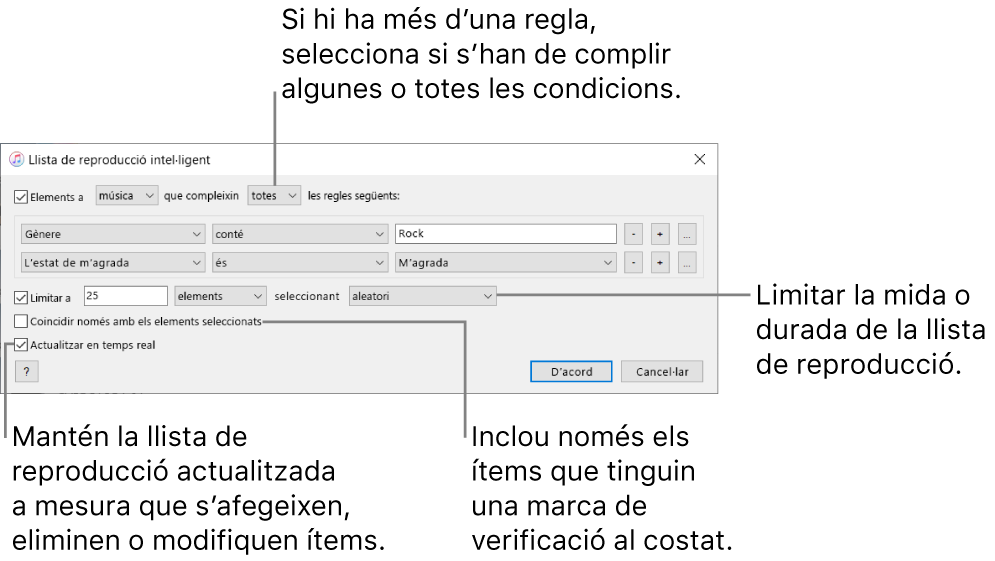 La finestra “Llista de reproducció intel·ligent”: A la cantonada superior esquerra, selecciona Complir i indica els criteris de la llista de reproducció (com ara el gènere i la puntuació). Continua afegint i eliminant regles. Si hi ha més d’una regla, hauràs de seleccionar si s’ha de complir alguna o totes les condicions. Pots seleccionar diverses opcions a la part inferior de la finestra, com ara limitar la mida o la durada de la llista de reproducció, incloure només les cançons que estiguin marcades o fer que l’iTunes actualitzi la llista de reproducció a mesura que canviïn els elements de la biblioteca.