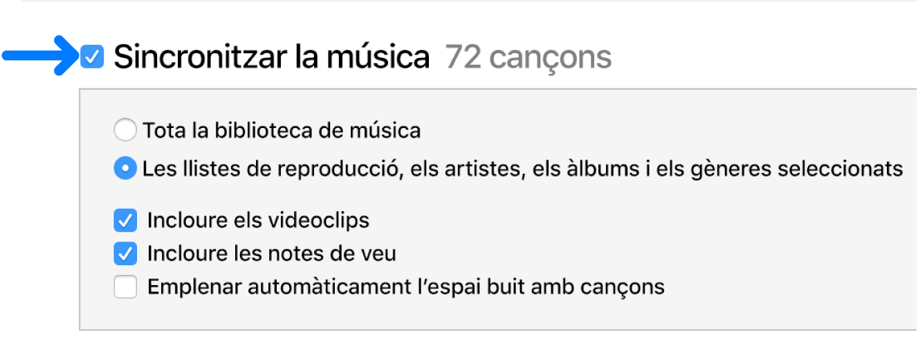 L’opció de sincronització de música de la part superior esquerra quedarà seleccionada i es mostraran les opcions per sincronitzar tota la biblioteca o només els elements seleccionats.