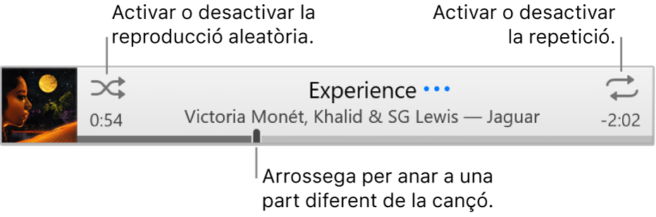 La cinta amb una cançó en reproducció. El botó Aleatori a la cantonada superior esquerra i el botó Repetir a la cantonada superior dreta. Arrossega el control lliscant per anar a una part diferent de la cançó.