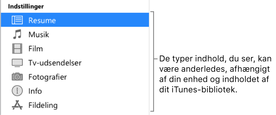 Resume er valgt i indholdsoversigten til venstre. De typer indhold, der vises, kan variere, afhængigt af din enhed og indholdet af dit iTunes-bibliotek.