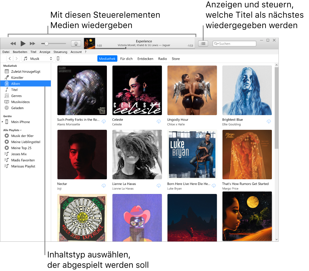 Das Hauptfenster der iTunes-Mediathek: Wähle im Navigationsbereich die Art der Medien aus, die du abspielen willst (z. B. Musik). Verwende die Steuerelemente im Banner oben, um deine Medien abzuspielen, und das Popupmenü „Als Nächstes“ rechts, um die Mediathek auf andere Weise anzuzeigen.