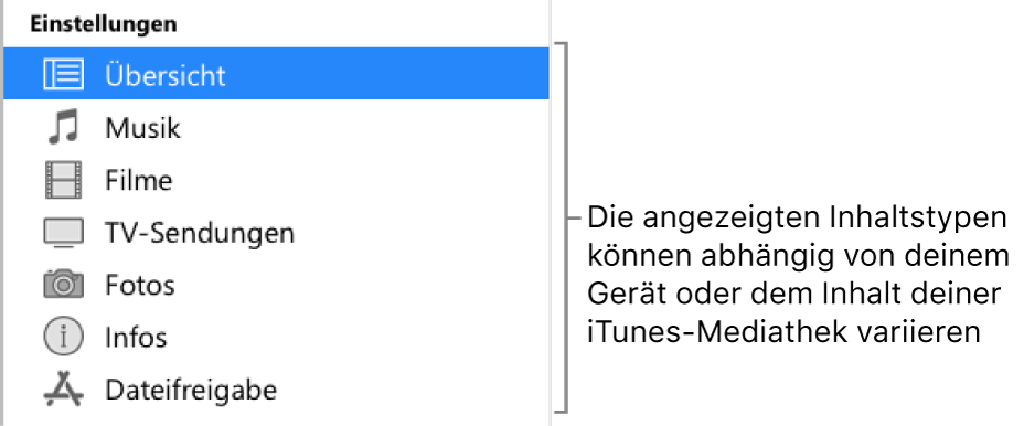 In der Seitenleiste links ist die Übersicht ausgewählt. Der angezeigte Inhalt hängt von der Art des Geräts sowie von den Inhalten deiner iTunes-Mediathek ab.