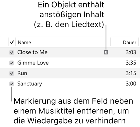 Details der Ansicht „Titel“ im Bereich „Musik“ mit den Kontrollkästchen links und einem Symbol „Anstößig“ für den ersten Titel (was darauf hinweist, dass anstößige Inhalte wie Liedtexte enthalten sind). Durch Deaktivieren des Kontrollkästchens neben einem Titel wird das Abspielen des Titels verhindert.