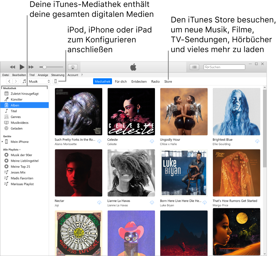 Ansicht des iTunes-Fensters: Das iTunes-Fenster besteht aus zwei Registerkarten. Links befindet sich die Seitenleiste „Mediathek“ mit all deinen digitalen Medien. Im größeren Bereich auf der rechten Seite kannst du eine Auswahl ansehen, die dich interessiert. Du kannst dort z. B. deine Mediathek oder deine Seite „Für dich“ anzeigen, in neuer iTunes-Musik oder in Videos stöbern oder den iTunes Store besuchen, um neue Musik, Filme, TV-Sendungen, Hörbücher und mehr zu laden. Oben rechts in der Seitenleiste „Mediathek“ befindet sich die Schaltfläche „Geräte“, die zeigt, dass dein iPhone, iPad oder iPod mit deinem PC verbunden ist.