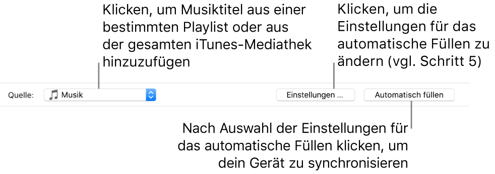 Die Option „Automatisch füllen“ unten auf der Registerkarte „Musik“. Ganz links befindet sich das Popupmenü „Automatisch füllen“, in dem du auswählen kannst, ob Titel von einer Playlist oder von der gesamten Mediathek hinzugefügt werden sollen. Ganz rechts sind zwei Schaltflächen: die Schaltfläche „Einstellungen“ zum Ändern der verschiedenen Optionen für das automatische Füllen und die Schaltfläche „Automatisch füllen“. Wenn du auf „Automatisch füllen“ klickst, wird dein Gerät mit den Titeln gefüllt, die den Kriterien entsprechen.