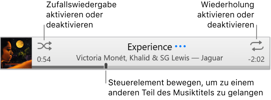 Das Banner mit dem laufenden Titel Die Schaltfläche „Zufällige Wiedergabe“ befindet sich oben links, die Schaltfläche „Wiederholen“ oben rechts. Ziehe das Navigationswerkzeug, um zu einer bestimmten Stelle eines Titels zu gelangen.