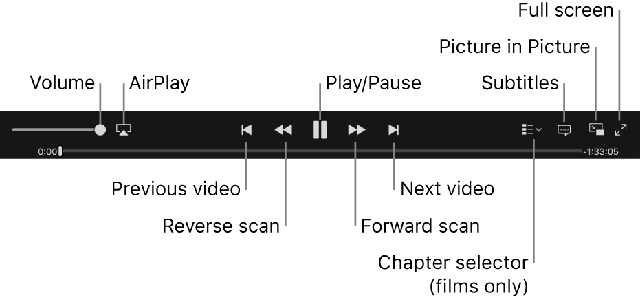 Video controls: Volume, AirPlay, Previous video, Reverse scan, Play/Pause, Forward scan, Next video, Chapter selector (for movies only), Subtitles, Picture in Picture and Full screen.