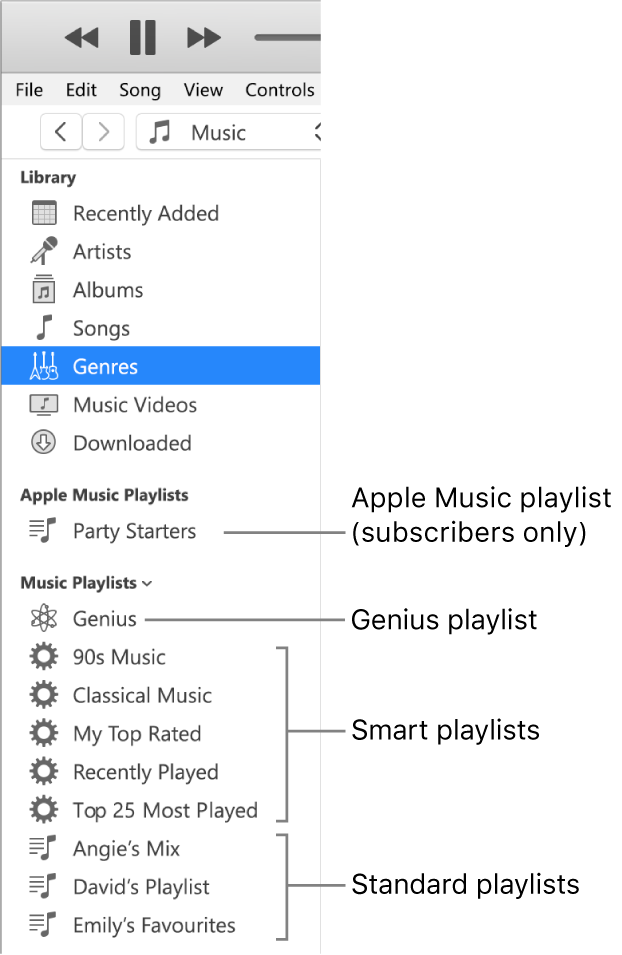 The iTunes sidebar showing the various types of playlists: Apple Music (subscribers only), Genius, Smart and standard playlists.