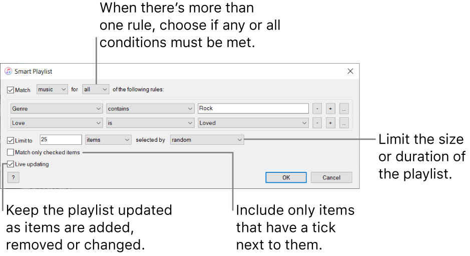 The Smart Playlist window: In the upper-left corner, select Match, then specify the playlist criteria (such as genre or love). Continue to add or remove rules; when there’s more than one rule, choose if any or all of the conditions must be met. Select various options in the lower portion of the window such as limiting the size or duration of the playlist, including only songs that are ticked or having iTunes update the playlist as items in your library change.