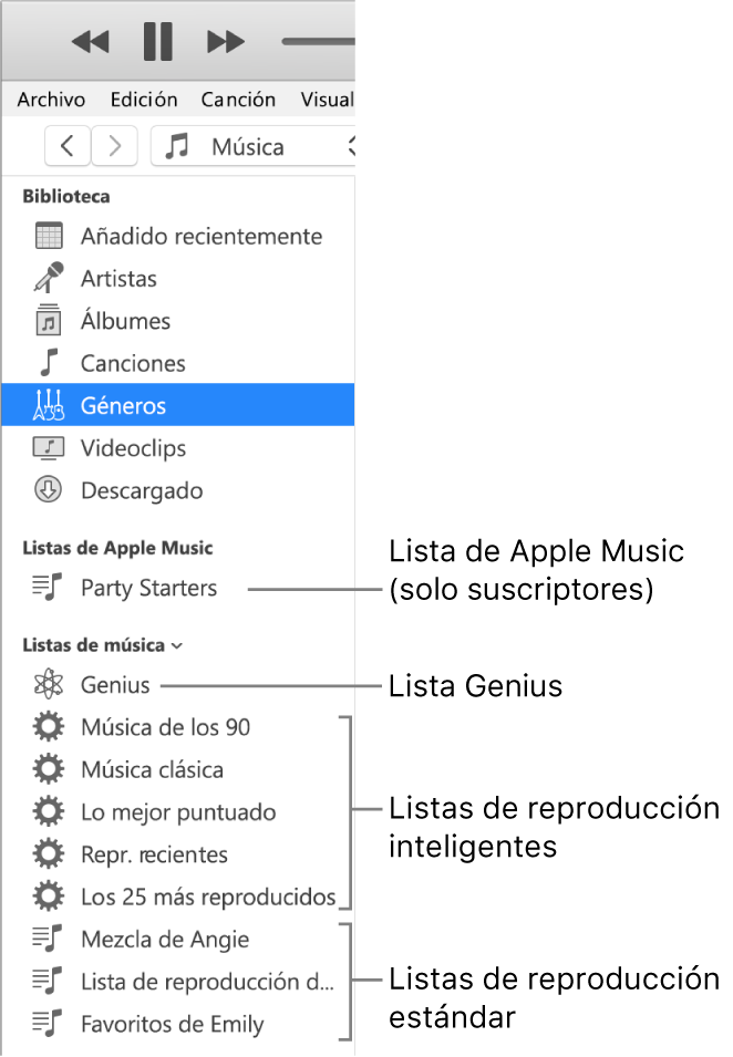 La barra lateral de iTunes con varios tipos de listas de reproducción: Apple Music (solo para suscriptores), Genius, inteligentes y estándar.