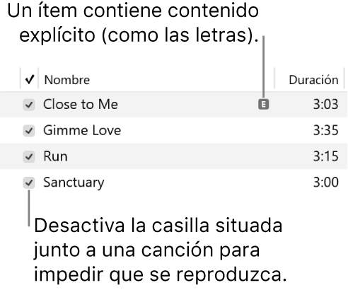 Detalle de la visualización Canciones, dentro de la sección Música, donde se ven casillas de selección a la izquierda y un símbolo de contenido explícito junto a la primera canción, que indica que contiene algún tipo de contenido para adultos (por ejemplo, la letra). Anula la selección de la casilla en aquellas canciones que no quieras reproducir.