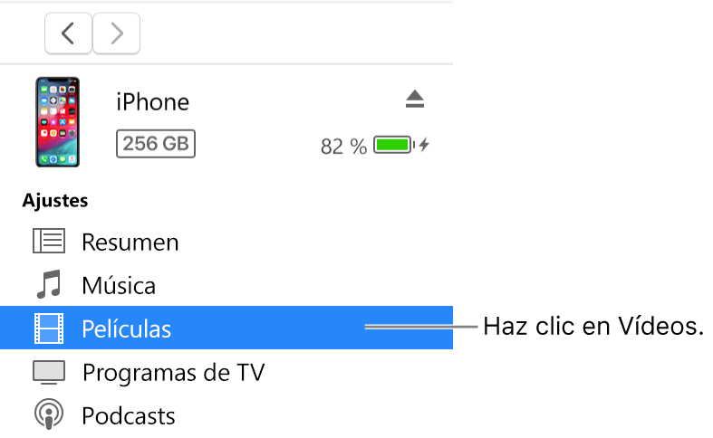 La ventana del dispositivo con la opción Vídeos seleccionada en la barra lateral de la izquierda.