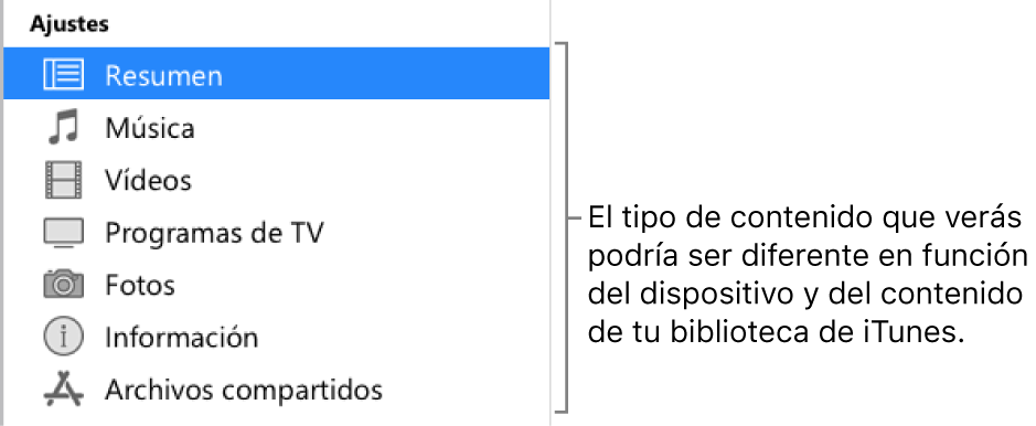 Resumen seleccionado en la barra lateral de la izquierda. Es posible que los tipos de contenido que aparecen varíen en función del dispositivo y del contenido de la biblioteca de iTunes.