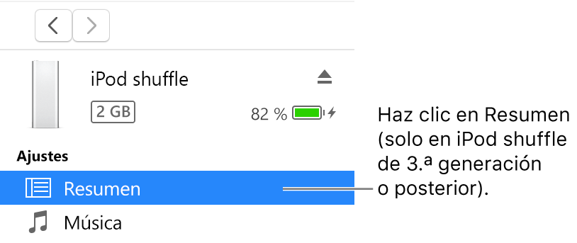 La ventana del dispositivo con la opción Resumen seleccionada en la barra lateral de la izquierda.