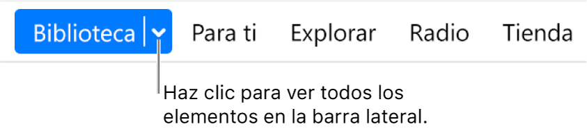 El botón Biblioteca en la barra de navegación, mostrando el menú desplegable has clic en él para acceder a todos los elementos de la barra lateral cuando la ocultes.