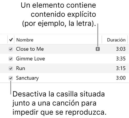 Detalles de la vista Canciones en la app Música, en el lado izquierdo hay casillas de verificación, y la primera canción tiene el símbolo de contenido explícito que indica que la canción tiene contenido explícito, por ejemplo, la letra. Anula la selección junto a una canción para evitar que se reproduzca.
