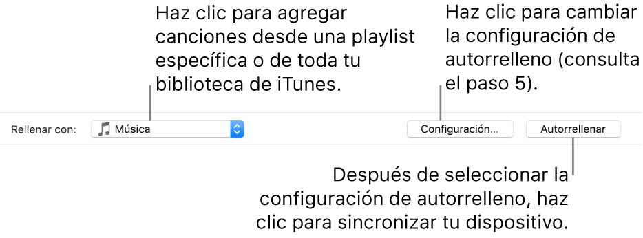 Las opciones de autorrelleno en el área inferior del panel Música. En el extremo izquierdo se encuentra el menú desplegable Autorrellenar, donde puedes optar por agregar canciones de una playlist o de toda tu biblioteca. En el extremo derecho se encuentran dos botones: Configuración, que permite cambiar las opciones de autorrelleno, y el botón Autorrelleno. Cuando haces clic en Autorrelleno, tu dispositivo se rellena con las canciones que cumplen con el criterio.