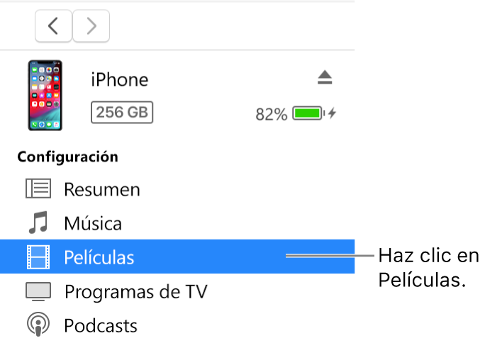 La ventana Dispositivo con la opción Películas seleccionada en la barra lateral de la izquierda.