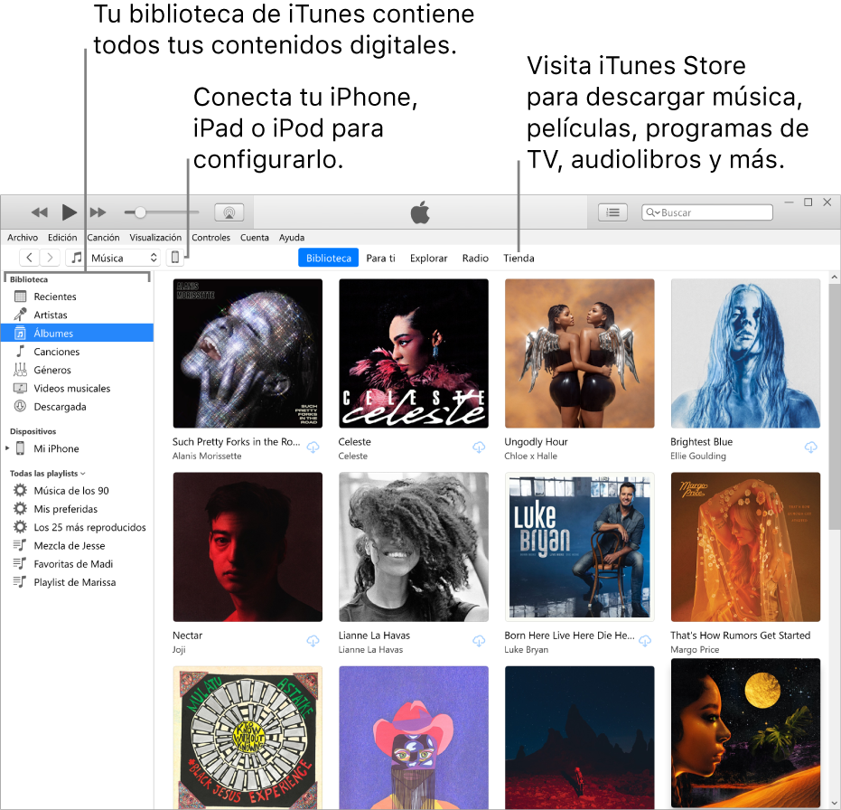 Visualización de la ventana de iTunes: la ventana de iTunes tiene dos paneles. En la izquierda está la barra lateral de la biblioteca, la cual contiene todo tu contenido digital. En el lado derecho, en el área de contenido más grande, puedes ver una selección de lo que te interesa, por ejemplo, visita tu biblioteca o tu página "Para ti", explora nueva música y videos en iTunes, o visita iTunes Store para descargar nueva música, videos, programas de TV, audiolibros y más. En el área superior derecha de la barra lateral de la biblioteca está el botón Dispositivo, el cual indica que tu iPhone, iPad o iPod está conectado a tu PC.