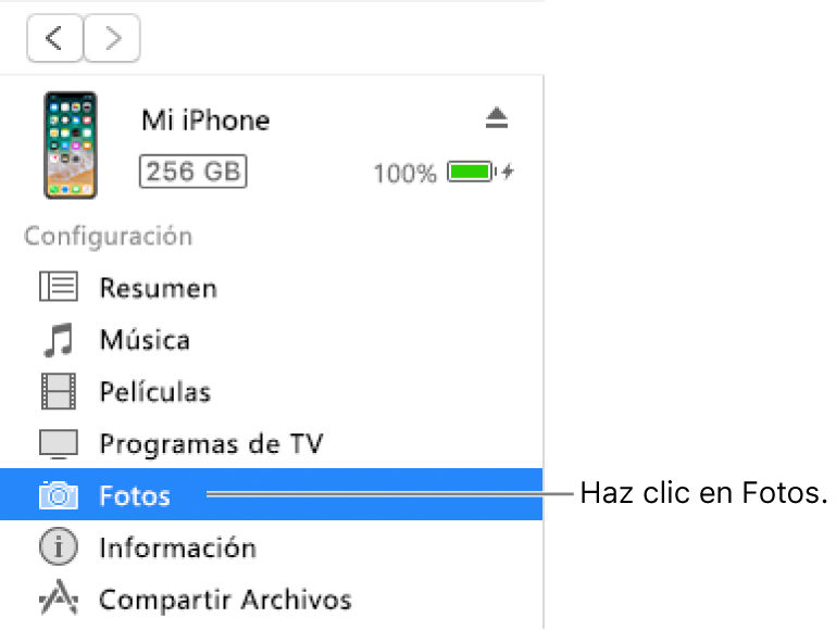 La ventana Dispositivo con la opción Fotos seleccionada en la barra lateral de la izquierda.