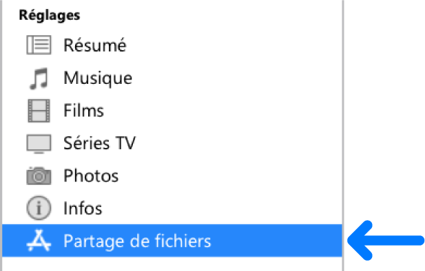 Dans les réglages de l’appareil, cliquez sur « Partage de fichier » pour transférer des fichiers entre votre ordinateur et votre appareil.