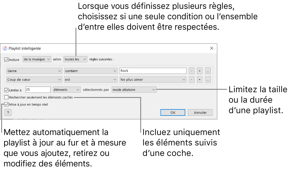 La fenêtre Playlist intelligente : Dans le coin supérieur gauche, sélectionnez « Choisir [type d’élément] selon la règle suivante », puis indiquez le critère de la playlist (comme Genre ou Coup de cœur). Continuez à ajouter ou à supprimer des règles : lorsqu’il y a plusieurs règles, choisissez si une ou toutes les conditions doivent être remplies. Sélectionnez différentes options dans la partie inférieure de la fenêtre, comme la limitation de la taille ou de la durée d’une playlist, l’utilisation exclusive des éléments cochés ou la mise à jour de la playlist par iTunes lorsque votre bibliothèque est modifiée.