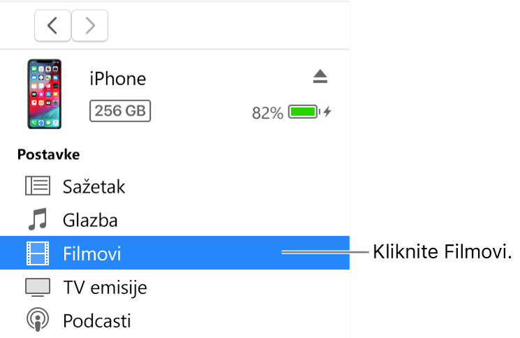 Prozor Uređaj s odabranom opcijom Filmovi u rubnom stupcu s lijeve strane.