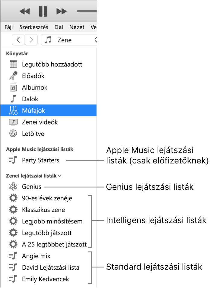 Különböző típusú lejátszási listákat megjelenítő iTunes oldalsáv. Apple Music (csak előfizetők), Genius, Intelligens és általános lejátszási listák.