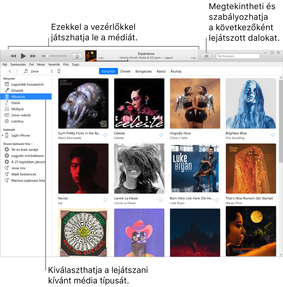 Az iTunes-könyvtár fő ablaka: A navigátorban válassza ki a lejátszani kívánt média típusát (például Zene). A média lejátszásához használja a felső sávon található vezérlőket, és használja a Következők előugró menüt a könyvtár különböző módokon való megjelenítéséhez.