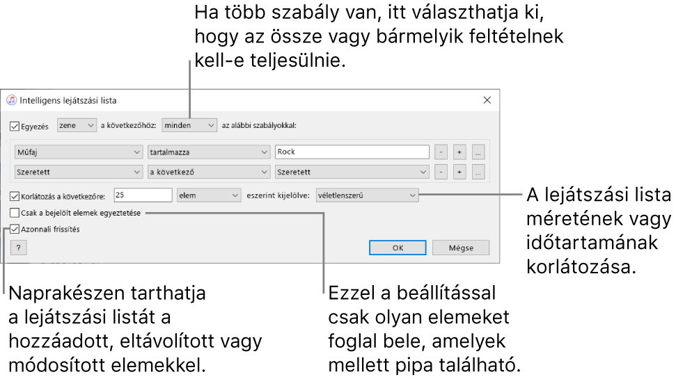 Az Intelligens lejátszási lista ablak: Válassza ki a bal felső sarokban az Egyezés lehetőséget, majd adja meg a lejátszási lista feltételeit (például a műfajt vagy a kedvelést). Adjon hozzá vagy távolítson el szabályokat; ha több szabály is van, adja meg, hogy csak az egyik vagy az összes feltételnek kell-e teljesülnie. Az ablak alsó részében különféle lehetőségeket választhat ki – például korlátozhatja a lejátszási lista méretét vagy időtartamát, megadhatja csak ellenőrzött zeneszámok szerepeltetését, illetve frissíttetheti az iTunesszal a lejátszási listát, ha a könyvtárban lévő elemek megváltoznak.