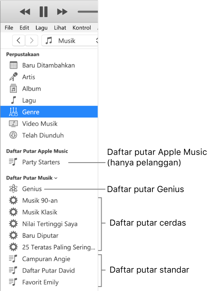 Bar samping iTunes menampilkan berbagai jenis daftar putar: Daftar putar Apple Music (khusus pelanggan), Genius, Cerdas, dan standar.