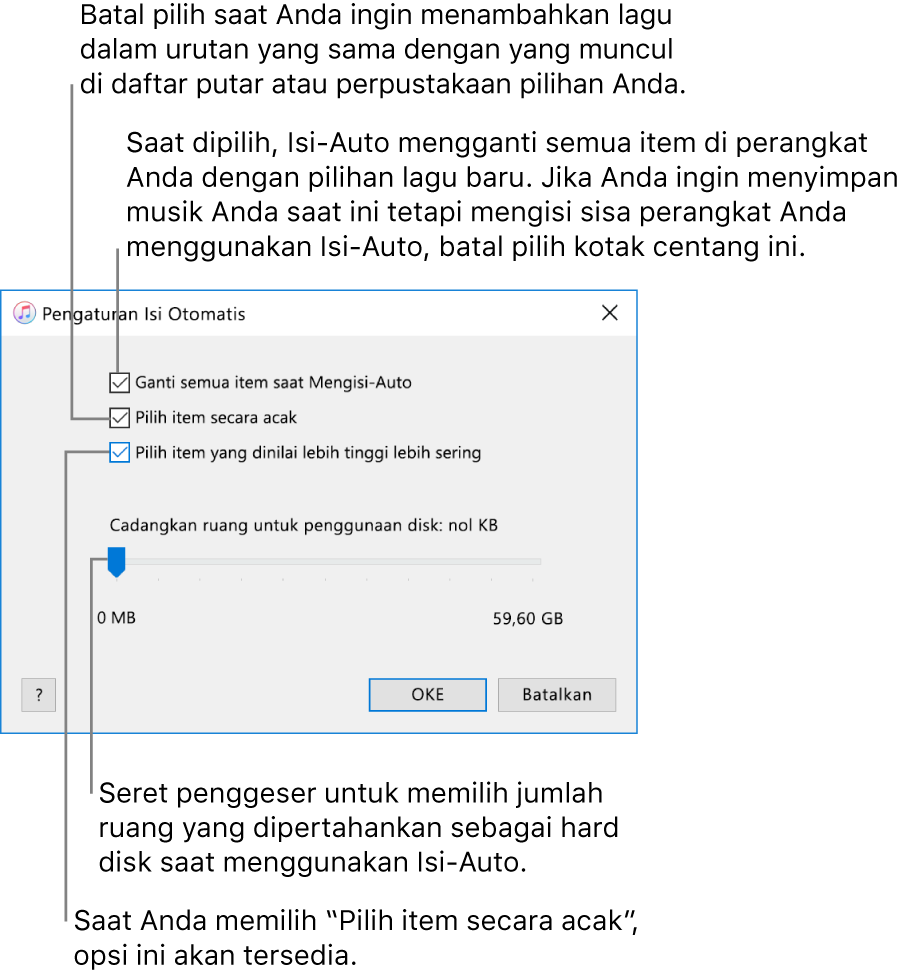 Dialog Pengaturan Isi-Auto menampilkan empat pilihan, dari atas ke bawah. Jika Anda memiliki musik di perangkat Anda dan ingin Isi-Auto untuk mengganti semua item dengan lagu baru, pilih opsi “Ganti semua item saat Mengisi Otomatis”; jika tidak, batal pilih untuk mengisi ruang yang tersisa di perangkat Anda. Untuk menambahkan lagu dalam urutan yang muncul di perpustakaan atau daftar putar yang dipilih, batal pilih opsi “Pilih item secara acak.” Pilihan berikutnya, “Pilih item yang dinilai lebih tinggi lebih sering” tersedia hanya jika Anda memilih opsi “Pilih item secara acak.” Jika Anda ingin mengatur ruang yang akan digunakan sebagai hard disk, sesuaikan penggeser untuk mengatur kapasitas disk.