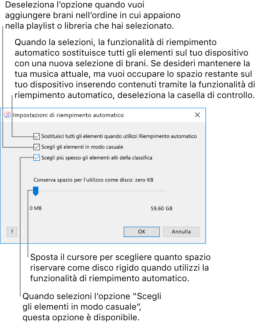 La finestra di dialogo del riempimento automatico che mostra quattro opzioni, dall’alto al basso. Se sul tuo dispositivo hai musica e desideri che l’opzione di riempimento automatico sostituisca tutti gli elementi con nuovi brani, seleziona l’opzione “Sostituisci tutti gli elementi quando utilizzi Riempimento automatico”, in alternativa, deseleziona l’opzione per utilizzare lo spazio rimanente sul tuo dispositivo. Per aggiungere brani nell’ordine in cui compaiono nella libreria o nella playlist selezionata, deseleziona l’opzione “Scegli elementi in modo casuale”. L’opzione successiva, “Scegli più spesso gli elementi alti della classifica” è disponibile solo quando è selezionata l’opzione “Scegli elementi in modo casuale”. Se vuoi tenere libero dello spazio da utilizzare come disco rigido, regola il cursore per impostare la capacità del disco.
