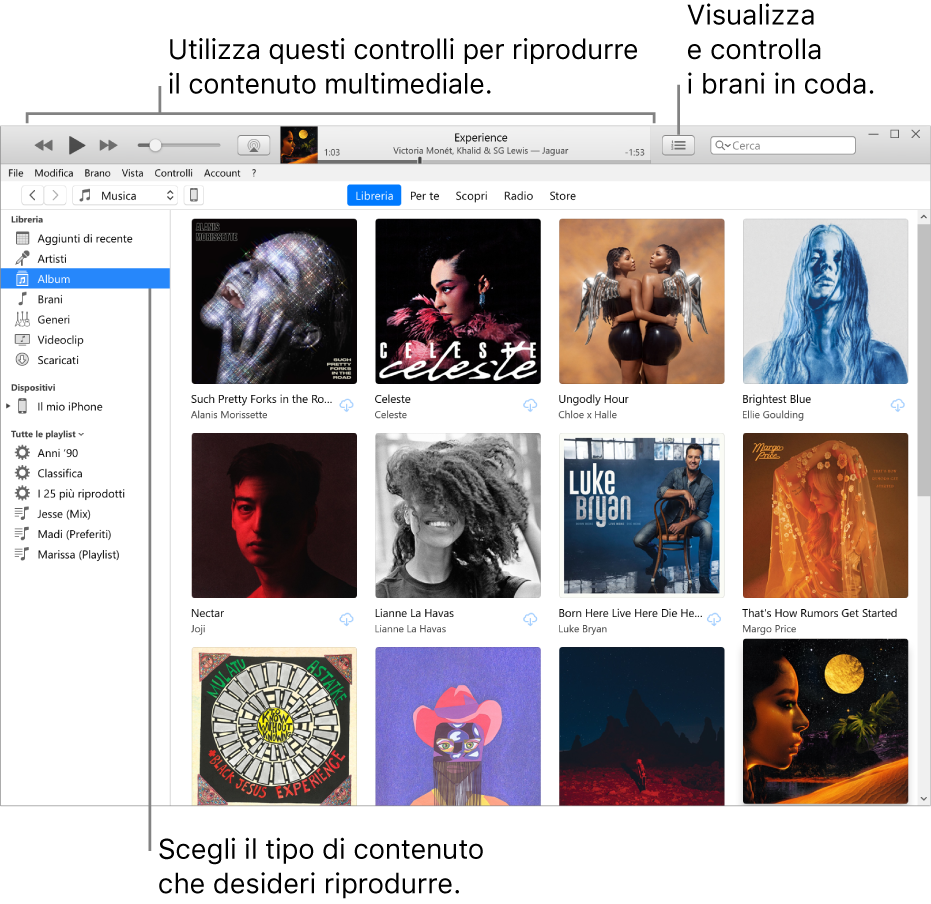 Finestra principale della libreria iTunes: Nella barra di navigazione, scegli il tipo di file multimediale da riprodurre, ad esempio Musica. Utilizza i controlli del banner nella parte superiore per riprodurre il file multimediale e usa il menu di scelta rapida “In coda” sulla destra per visualizzare la libreria in modi diversi.