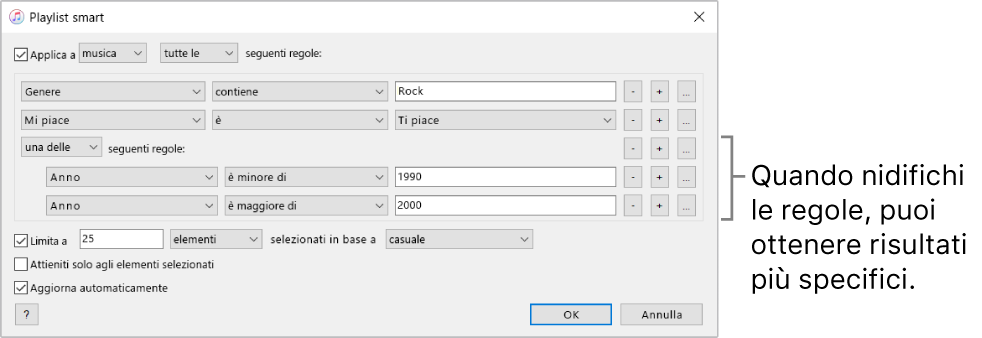 Finestra playlist smart: usa il pulsante Nidifica sulla destra per creare regole aggiuntive, nidificate, per ottenere risultati specifici.