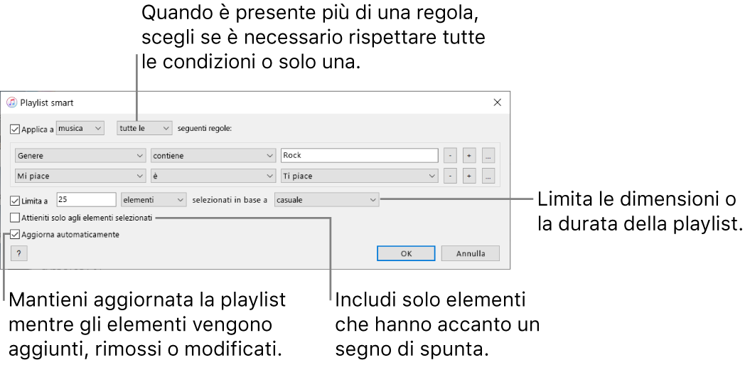 Finestra playlist smart: nell’angolo in alto a sinistra, seleziona Utilizza, quindi specifica i criteri della playlist (ad esempio, genere o preferenza). Continua ad aggiungere o a rimuovere le regole; quando è presente più di un criterio, scegli se vuoi che vengano soddisfatte una qualsiasi o tutte le condizioni. Seleziona varie opzioni nella parte inferiore della finestra, ad esempio limitare le dimensioni o la durata della playlist, includendo solo i brani che sono selezionati o fare in modo che iTunes aggiorni la playlist mentre gli elementi nella tua libreria cambiano.