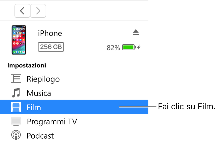 La finestra Dispositivo, con la voce Film selezionata nella barra laterale a sinistra.