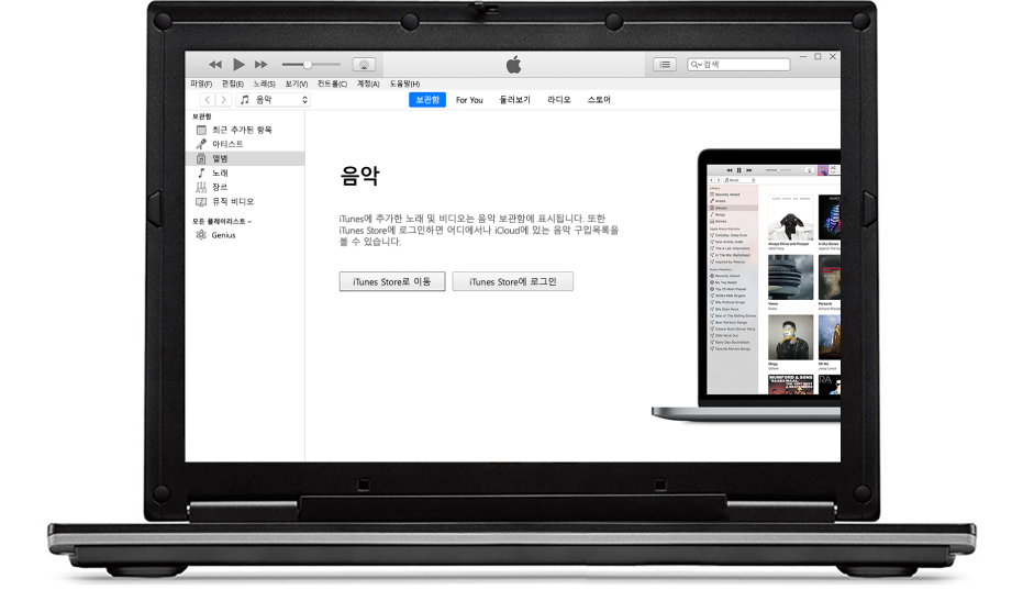 비어 있는 새로운 iTunes 보관함이 있는 PC.