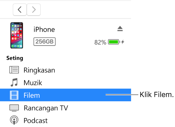 Tetingkap Peranti, dengan Filem dipilih dalam bar sisi di bahagian kiri.