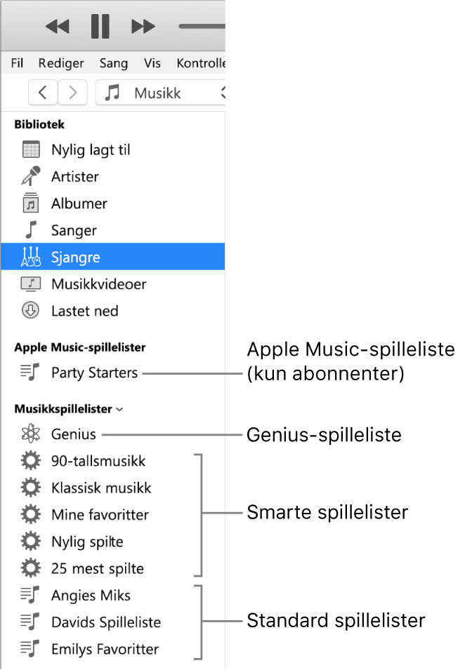 iTunes-sidepanelet som viser de forskjellige typene spillelister: Apple Music (kun abonnenter), Genius-spillelister, Smarte spillelister og standardspillelister.