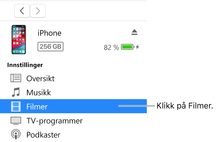 Enhet-vinduet, med Filmer markert i sidepanelet til venstre.